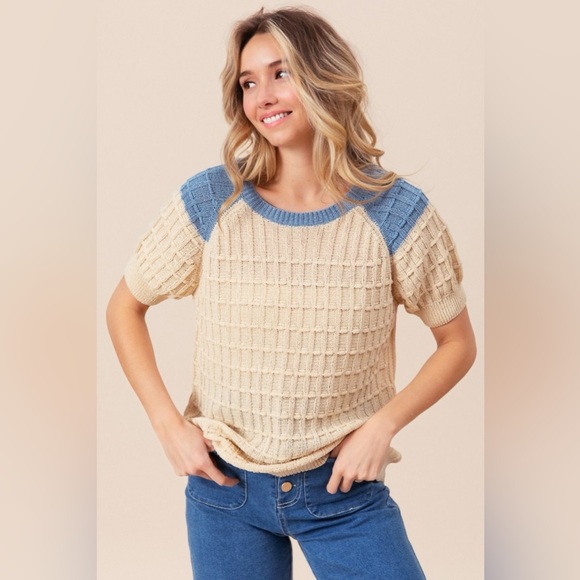 BiBi Textured Contrast Short Sleeve Sweater - Picture 1 of 4